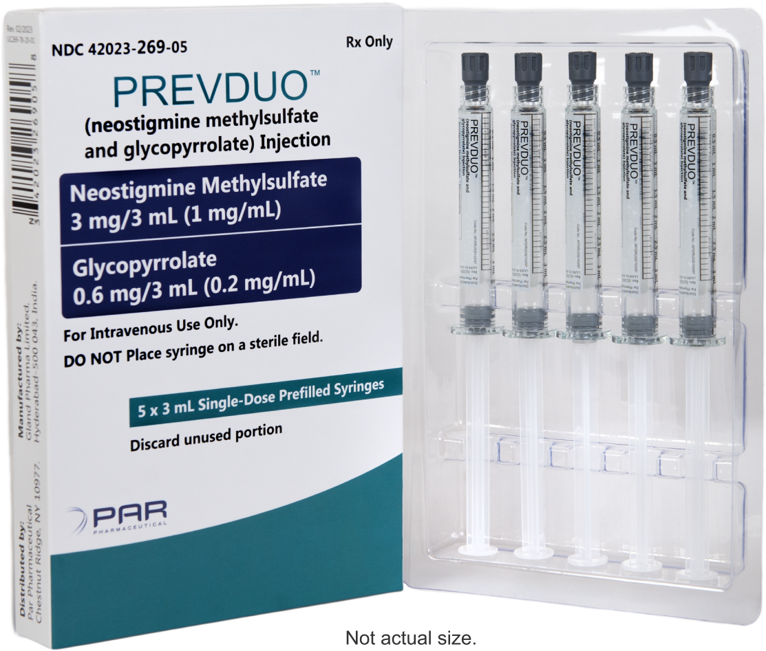 Prevduo (neostigmine methylsulfate and glycopyrrolate) Injection packaging and syringe tray